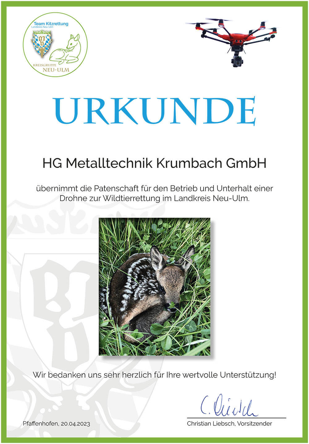 Patenschaftsurkunde HG Metalltechnik Krumbach GmbH